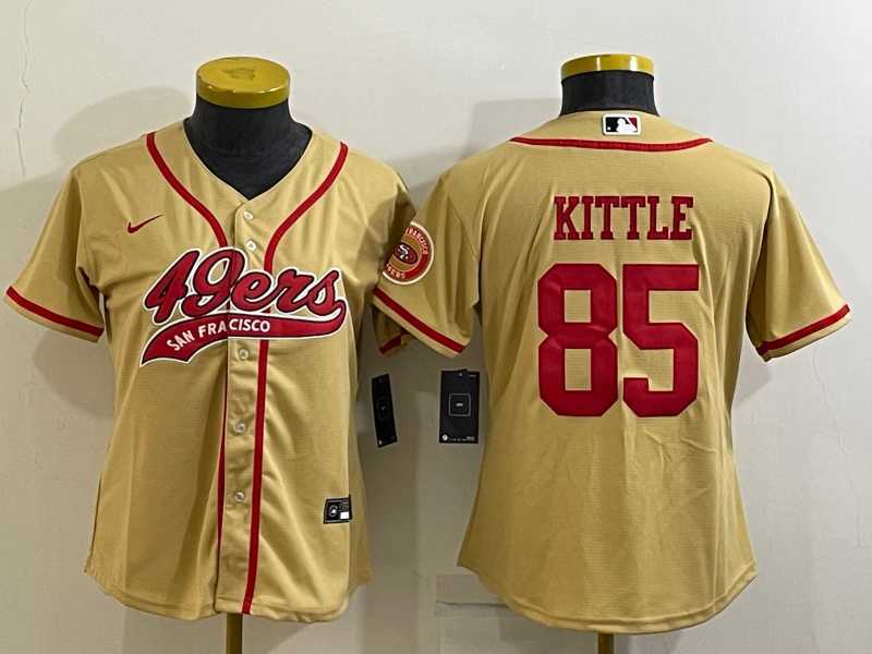 Womens San Francisco 49ers #85 George Kittle Gold With Patch Cool Base Stitched Baseball Jersey->women nfl jersey->Women Jersey